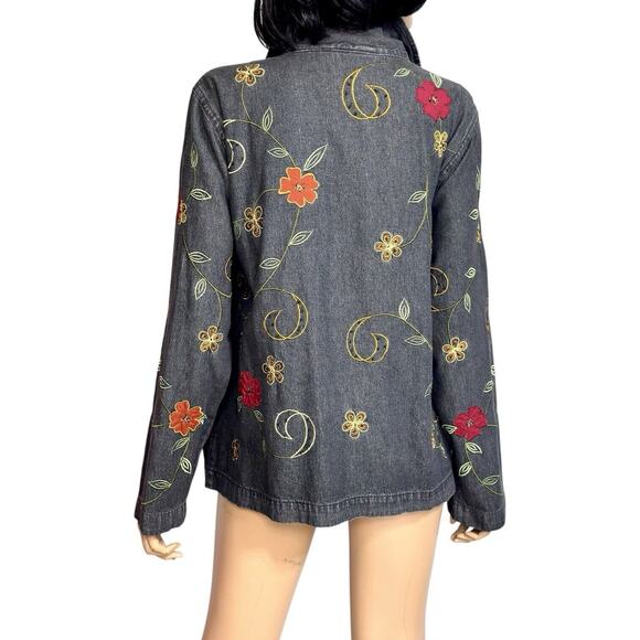 Vintage Floral Embroidered Denim Jacket L Artsy Funky Festival Boho Whimsy Y2k - Picture 4 of 16